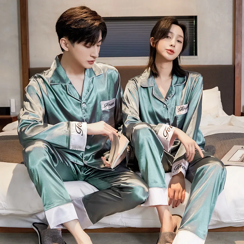 Spring and Summer Silk Couple Pajamas New Men's and Women's Long-sleeved Ice Silk Solid Color Thin Home Service Two-piece Set
