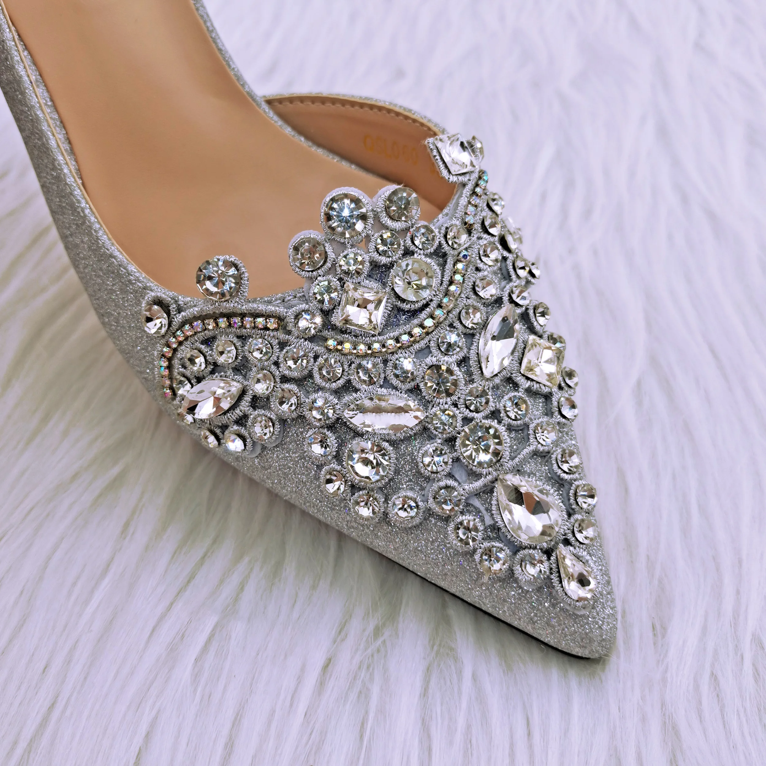 2022 New Fashion Bright Silver Glitter Fabric With Color Rhinestone Decoration Comfortable To Wear Party Ladies Shoes And Bag