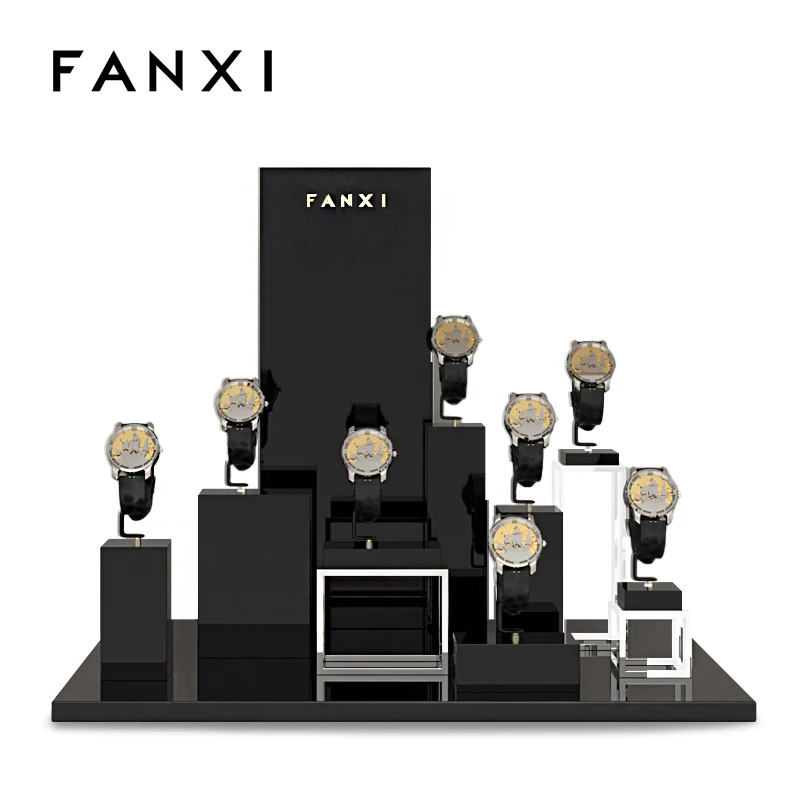 Oirlv Fashion Black Metal Watch Display Props Set Watch Display Stands with Microfiber Jewelry Organizer Stands for Shop Cabinet