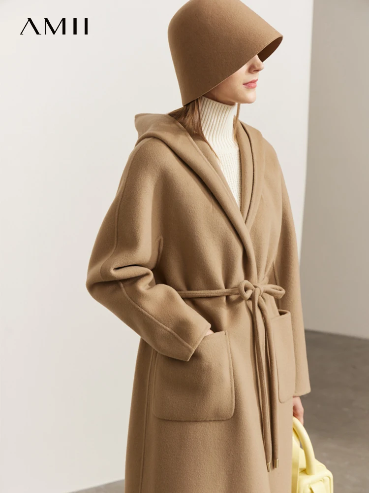 

AMII Minimalism 100% Wool Coats Women 2022 Winter New Warm Solid Temperament Elegant Casual Vintage Commuter Long Coats 72240079