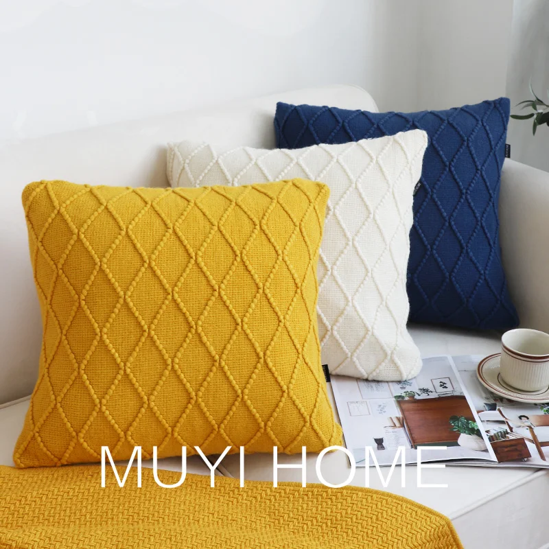 

Nordic Rhombic Throw Pillow Cover Solid Color Nap Cushion Sofa Decoration Yellow Blue White
