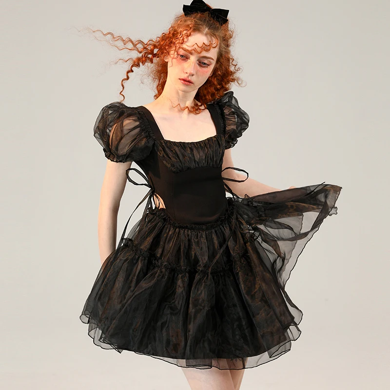 

E-Girl Women Dress Black y2k Gothic Lolita Lace Elegant Vintage Short Puff Sleeve Fairy Party Mini Dress Punk Harajuku New 2022
