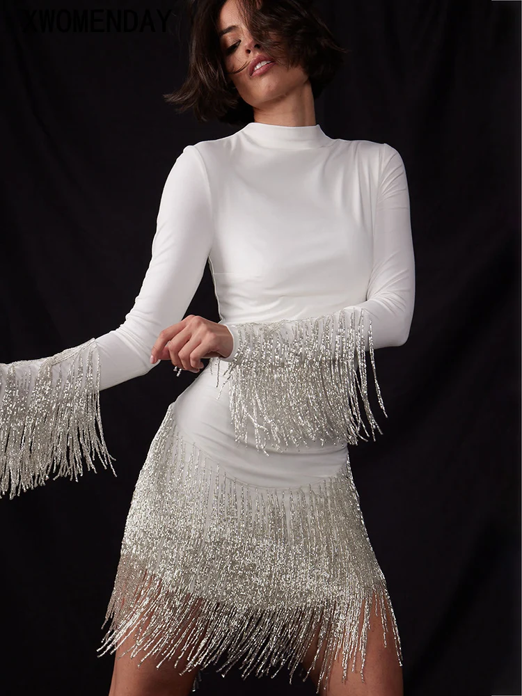 

Fashion Sequin Fringe Dress Woman Elegant Solid White Bodycon Short Party Dresses Autumn Casual Dresses For Women 2022 New