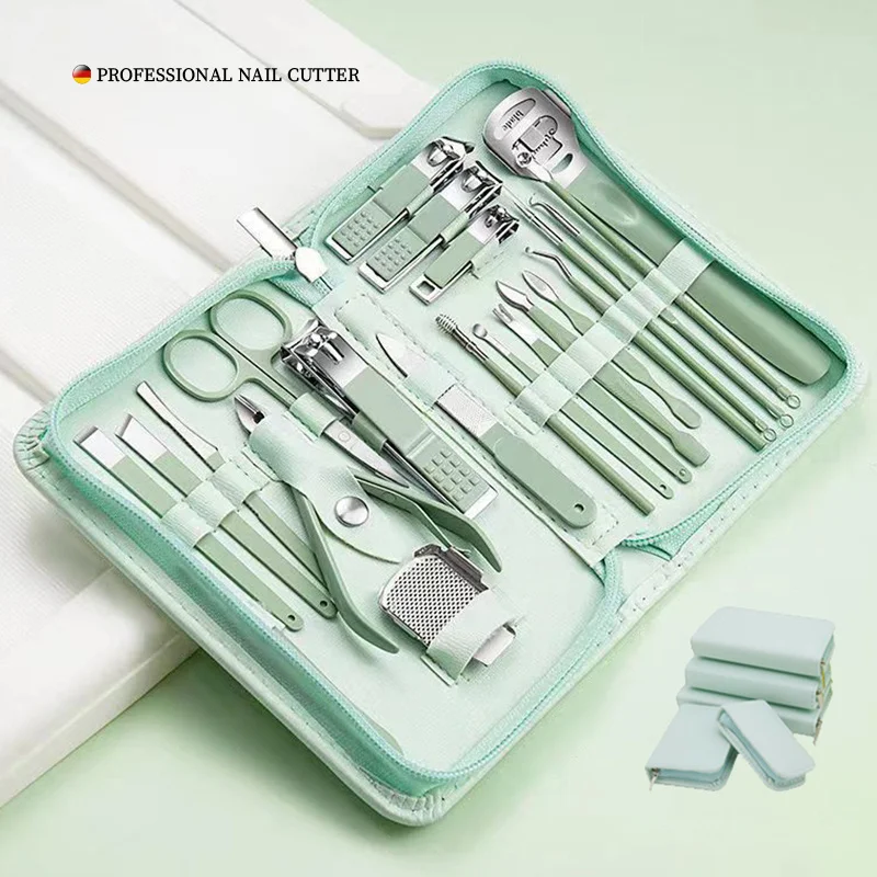 

7/10/12/16/22/35Pcs Manicure Set Nail Clipper Cutter Care Pedicure Dead Skin Pliers Tools With Case Green