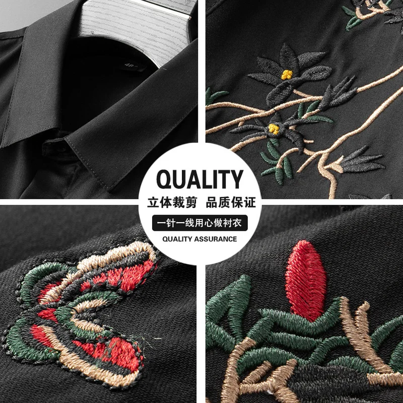 Floral Embroidery Shirts Men Business Casual Short Sleeve Shirt Slim Formal Dress Tops Social Party Male Clothes Chemise Homme