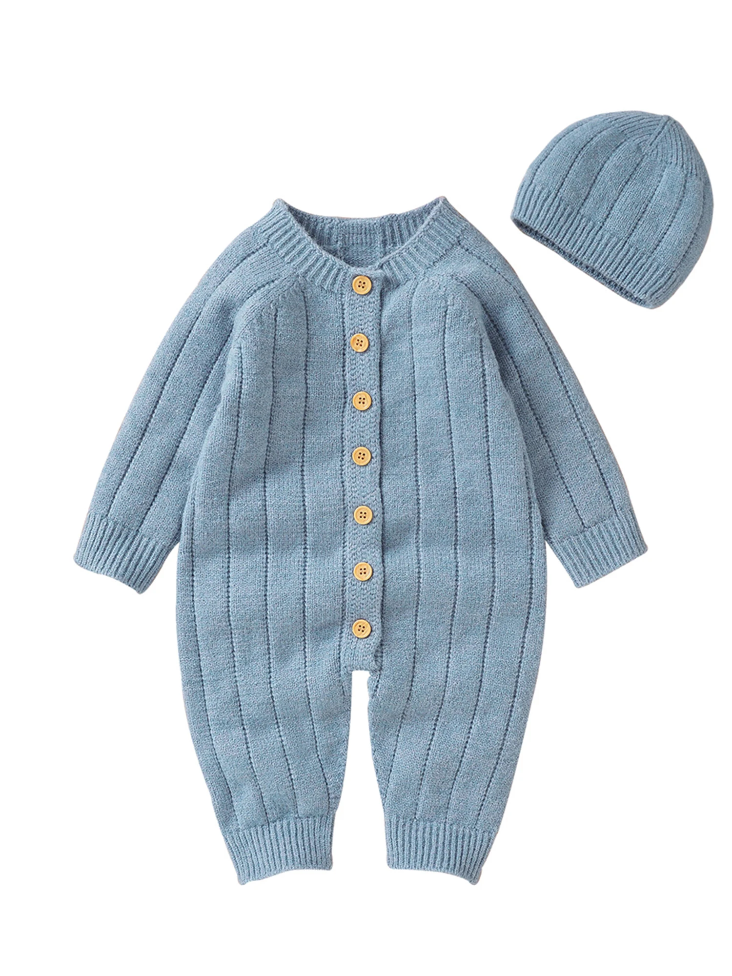 

Infant Winter Jumpsuit and Cap Solid Color Long Sleeve Single-breasted Knitted Romper 0-18 Months