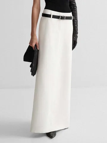 Pocket Solid Skirt Women 2023 Spring Fashion Low Rise Waist A-line Straight White Faldas Bottom Simple Elegant Slit Maxi Skirts