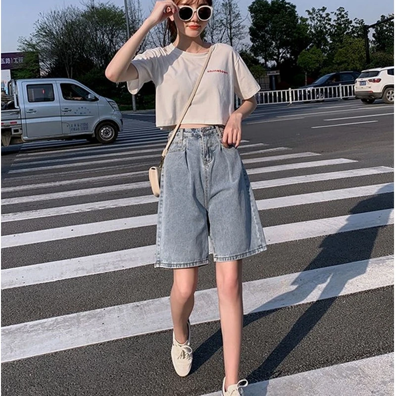 Bermuda Women's Shorts Denim Half Pants Y2K High Waist Long Cute Casual Biker Wide Baggy Korean Jean Shorts Woman Summer Fashion