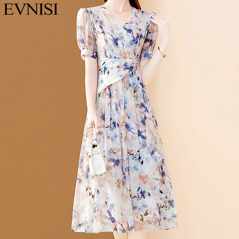 

Женское элегантное платье EVNISI абрикосового цвета из шифона с V-образным вырезом и цветочным принтом офисные платья а-силуэта шикарные женские платья с оборками