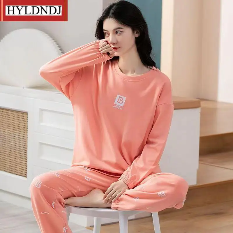 New Spring /autumn Thin 2Pieces Pyjamas Womens Girls Round Neck Long Sleeve Lovely Home Wear Sleepwear Pajamas Set M-5Xl
