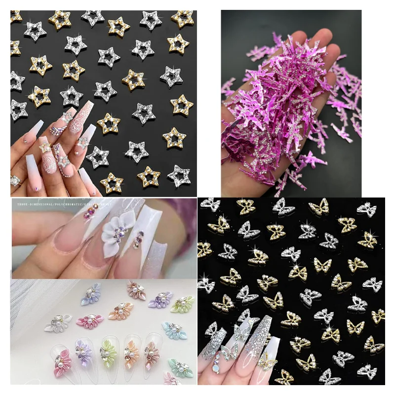

10Pcs Pink Gun Nail Charms Gold/Silver Multi-Designs Nail Art Jewelry Crystal Rhinestones 3D Star Shaped Alloy Nails Accessories