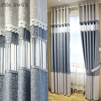 modern curtain for living room bedroom nordic cotton and linen hollow high shading stitching floor blue coffee gold