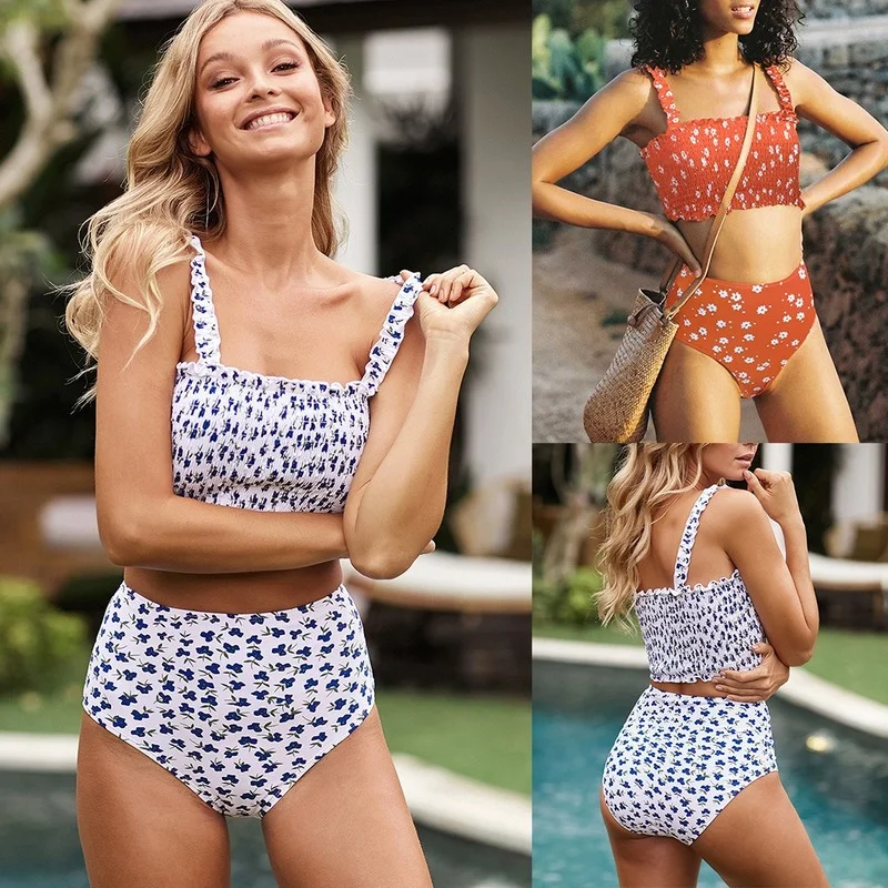 2021 Two Piece Swimsuit Women's Tank Top Floral Split Swimsuit New High Waist Triangle Swimsuit Two-Piece Set