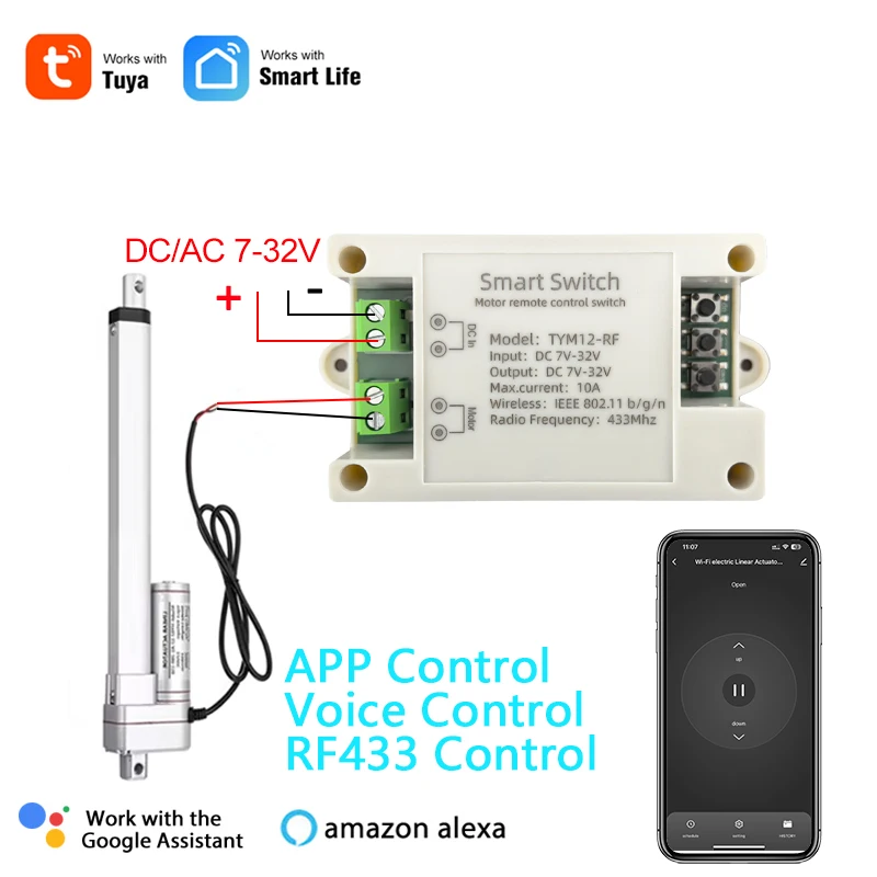 Фото Контроллер двигателя электрического линейного привода Tuya Smart Life Wi-Fi, 12 В постоянного тока, 24 В, 32 В, пульт RF433, работает с Alexa и Google home №1