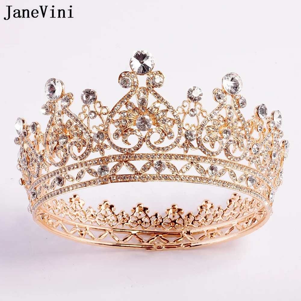 

JaneVini Gold Bride Wedding Crowns Headbands for Women Luxury Designer Queen Tiaras Silver Rhinestone Crystal Bridal Headpieces