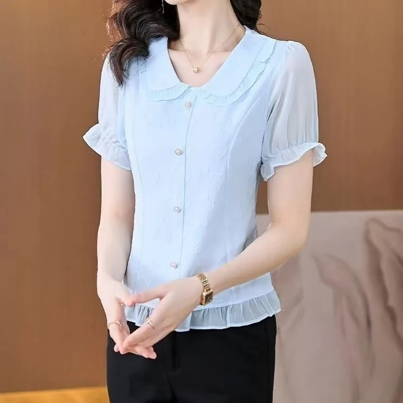 Темпераментная плиссированная блузка новая летняя однотонная рубашка с