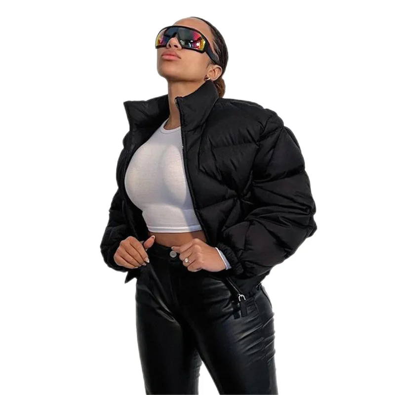 2022 Autumn and Winter Women's Fashion High Collar Solid Color Cardigan Thickened Short Cotton Jacket Warm Windproof