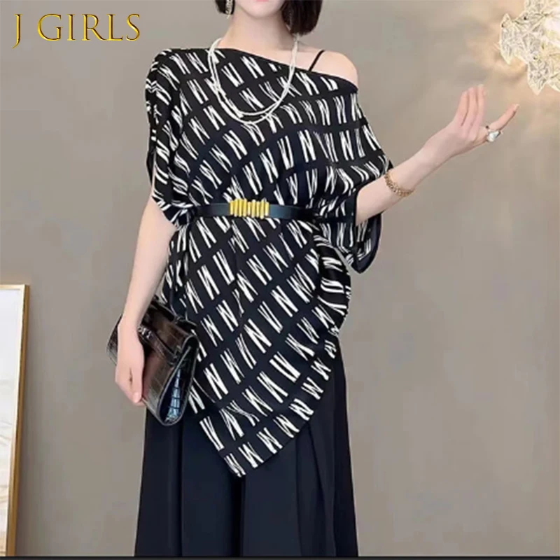 

Блузка женская шифоновая с коротким рукавом, Элегантная Модная рубашка с принтом «одно слово», с асимметричным ремнем и коротким рукавом ле...