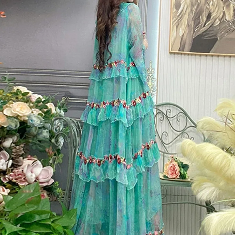 Женское платье Новое шифоновое Свободное длинное зеленое стройнящее