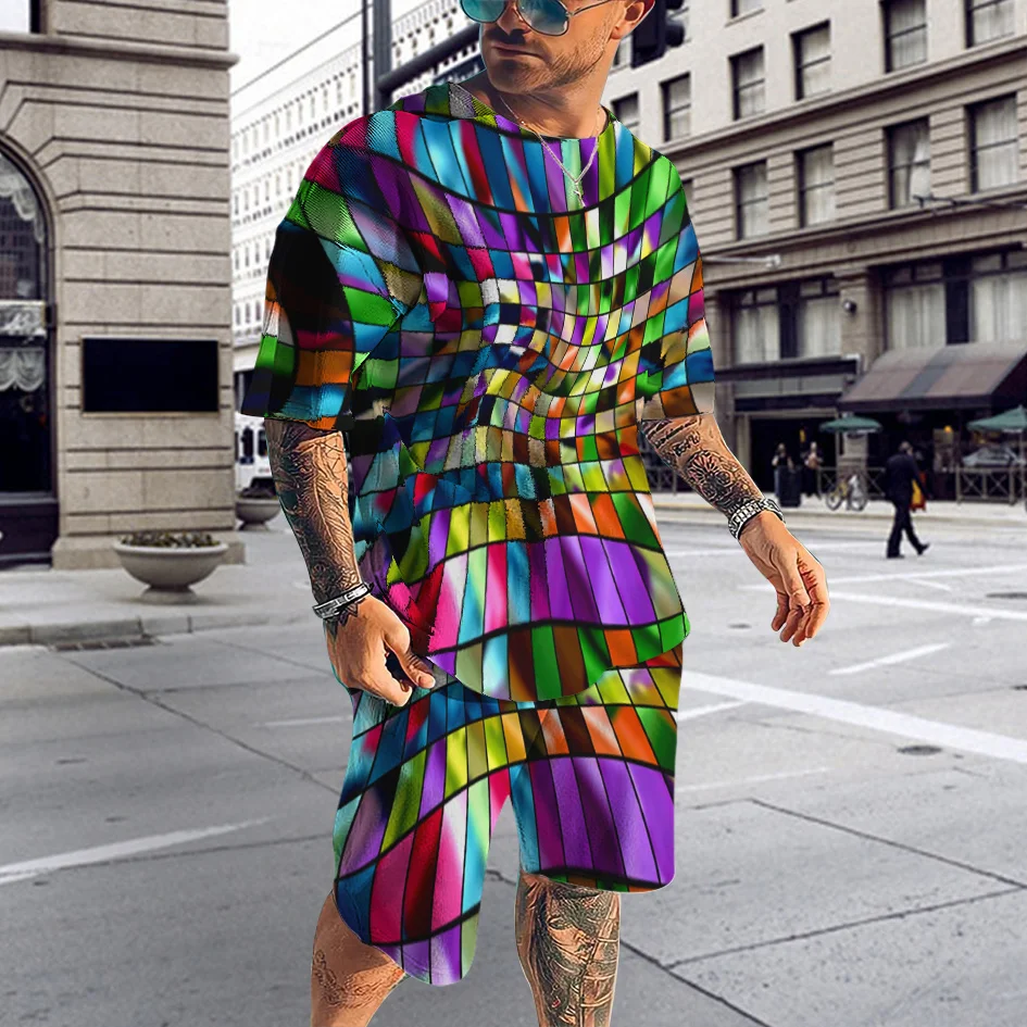 

2022 Contrasting Color Geometric Men's Suit T-Shirt Shorts 3D Printing Abstract Pattern Short Sleeve Shirt Beach Shorts