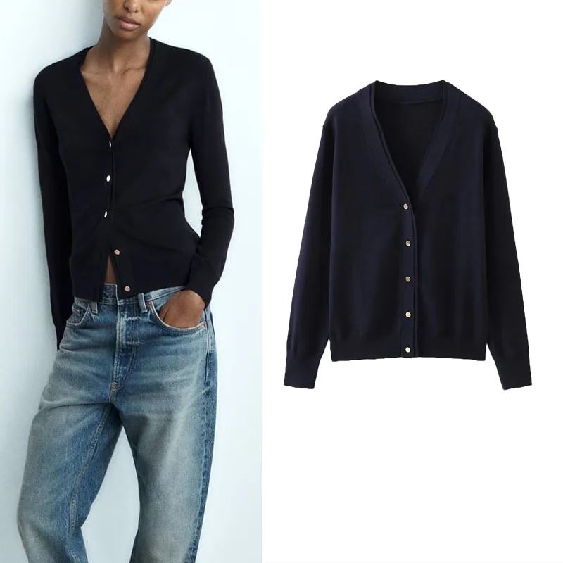 

TRAF Basic Knit Cardigan Women Autumn Simple Black V-neck Knitted Top Woman's Casual Long Sleeve Metal Button Sweater Cardigans