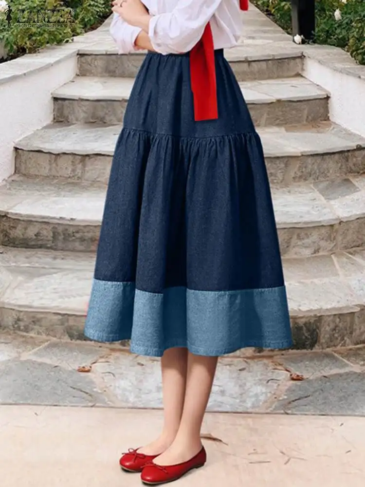 

ZANZEA большой фотография 2023 летняя Женская эластичная высокая Талия Макси Jupes винтажная Цветовая блочная коммуникация Faldas