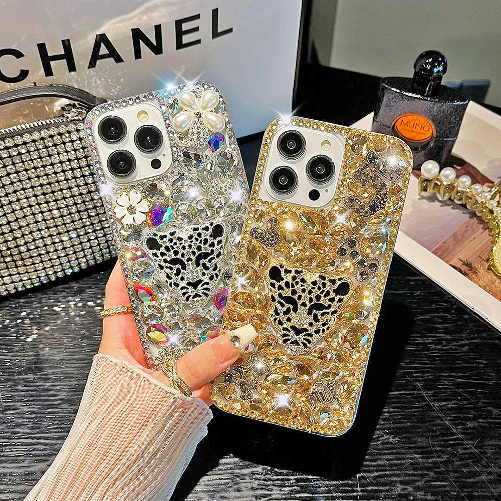 

Luxury Glitter Rhinestone Leopard Diamond Metal Chain Phone Case For iPhone14 13 12 11 Pro Max X XR XS 7 8 Plus Clear Back Cover