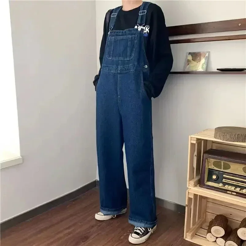 Корейские модные мужские джинсовые комбинезоны свободные прямые брюки на