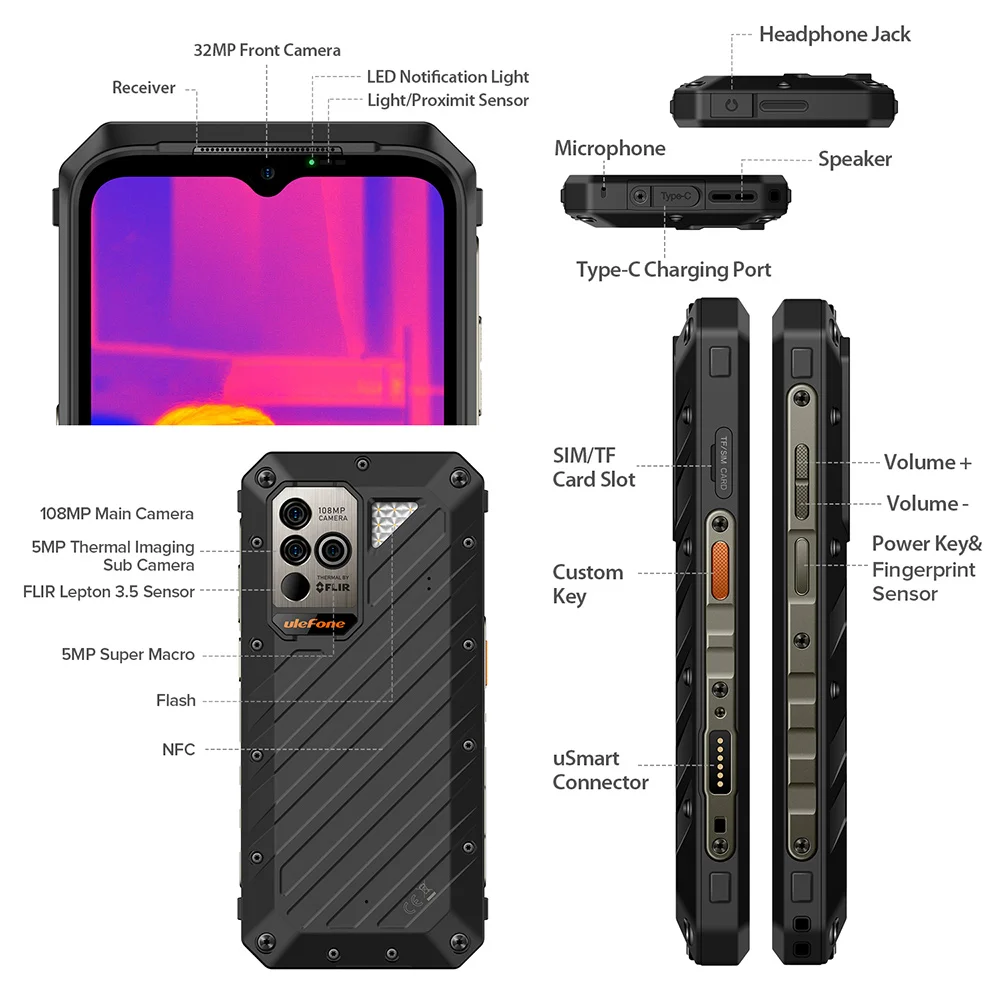 Ulefone Power Armor 18T Android 12 Smartphone 12GB+256GB IP68 Rugged Phone Thermal Imaging Camera 6.58