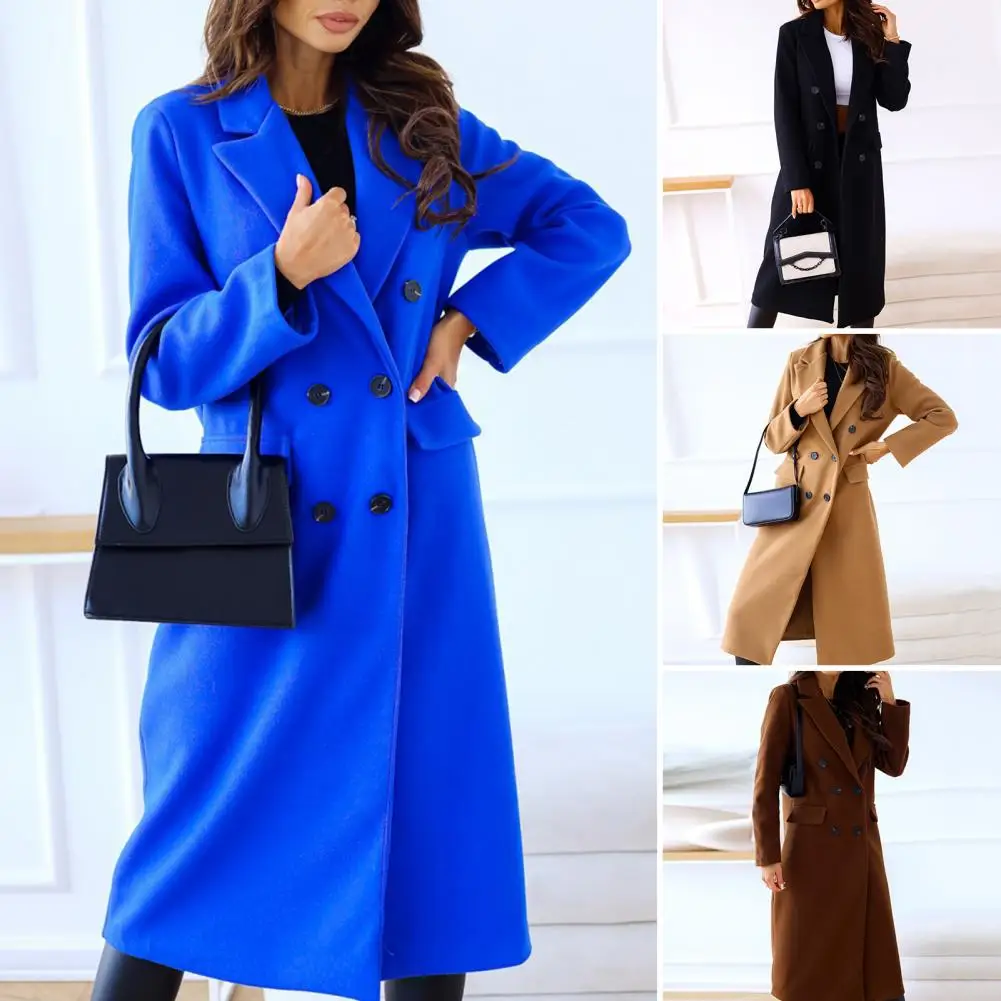 

Women Woollen Blends Overcoats 2022 Autumn Winter Long Sleeve Casual Double Breasted Blue Outwear Jackets Coat Plus Size