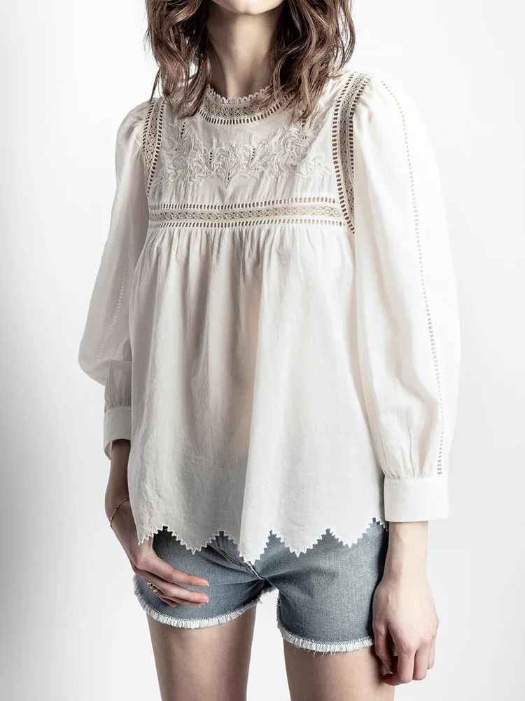 

Women Lace Stitching Soft Shirt Cotton Delicate Flower Embroidery 2022 Autumn Sweet Wave Side Long Sleeve Ladies Blouses