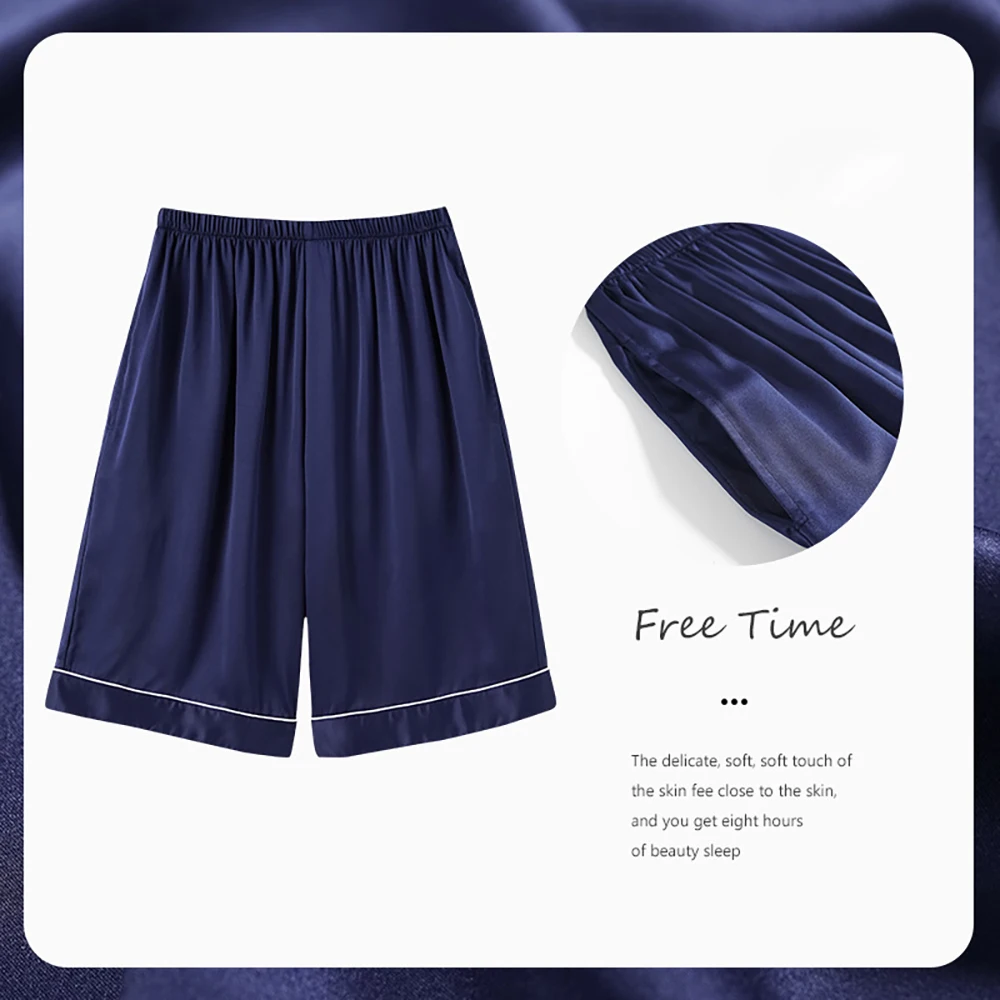 4XL Silk Like Satin Pajama Men's Pants Double Pockets Cozy Elastic Waist Pijama Shorts Male Bottom Pajamas PJ Pants pyjama homme