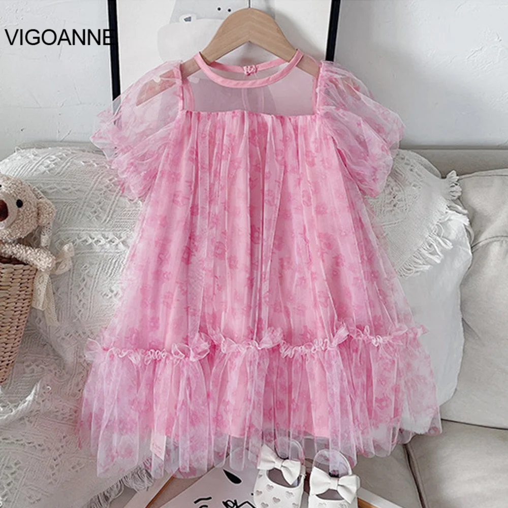 

VigoAnne Girls Tulle Puff Short Sleeves Dresses 2022 Solid Print Verge Dress Kids Girl Clothes Summer Korean Clothes 2-8 Years