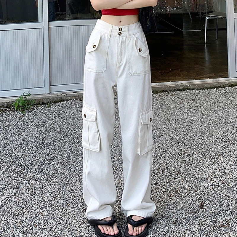 American Retro Jeans Women Loose Street High Waist Button Solid Washed Casual Wide Leg Multi-pocket Hotsweet Cargo Pants