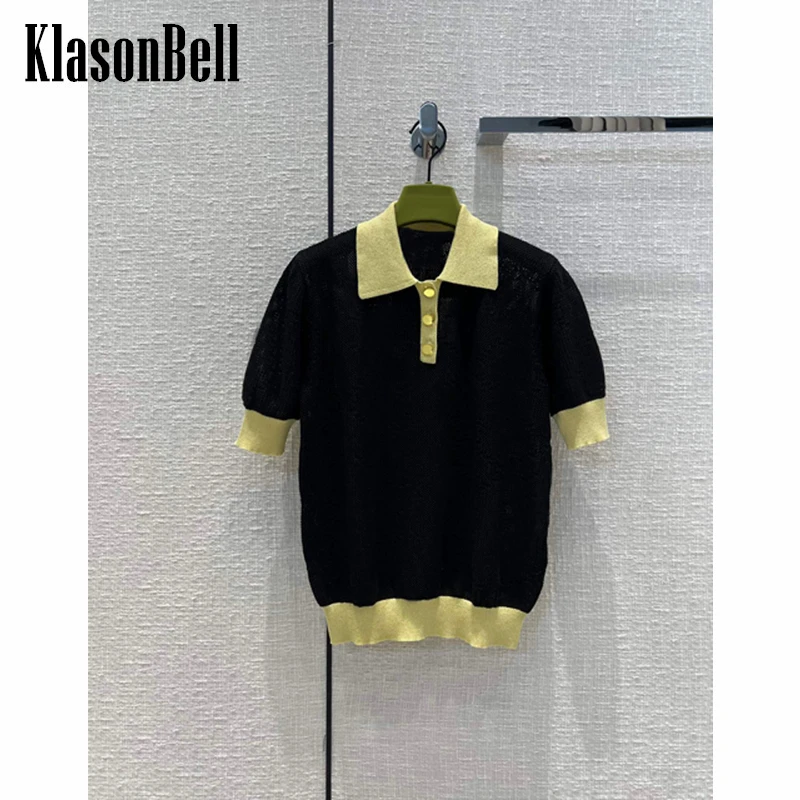 

Женская трикотажная футболка KlasonBell контрастных цветов с отложным воротником, короткая трикотажная футболка с вырезами и надписью, 9,1