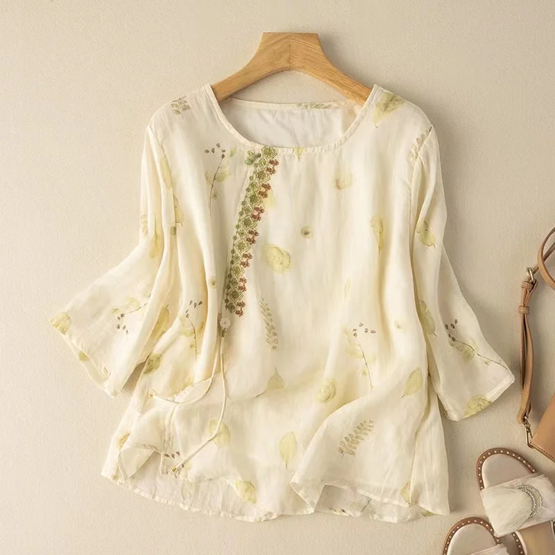 

Cotton Linen Women's Shirt Summer 2023 New Embroidery Vintage Blouses Loose Short Sleeve Top O-neck Ladies Clothing YCMYUNYAN