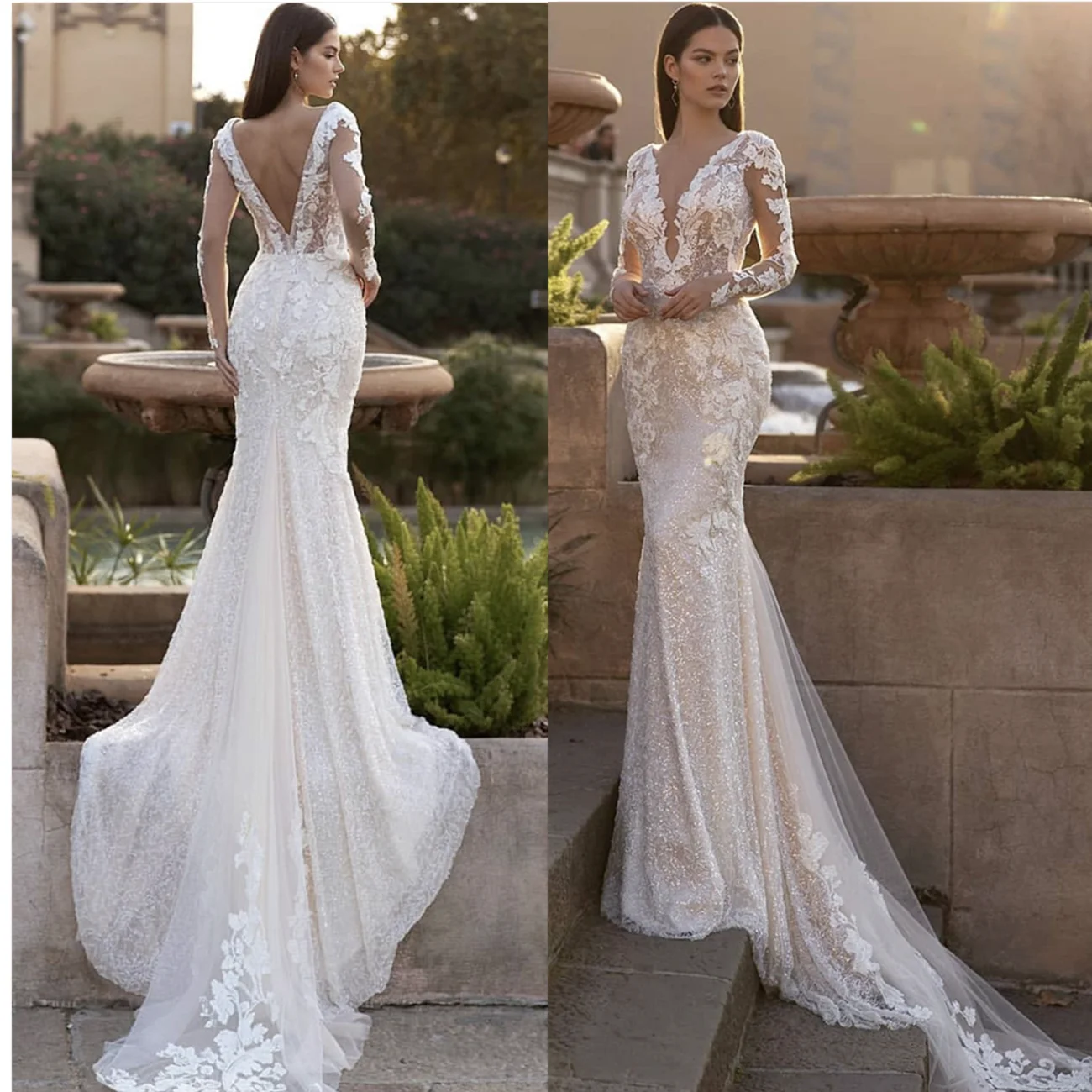 

2022 Luxury Lace Appliques Sequins Mermaid Wedding Dress V-Neck Long Sleeve Backles Sweep Train Bride Gown Vestidos De Noiva