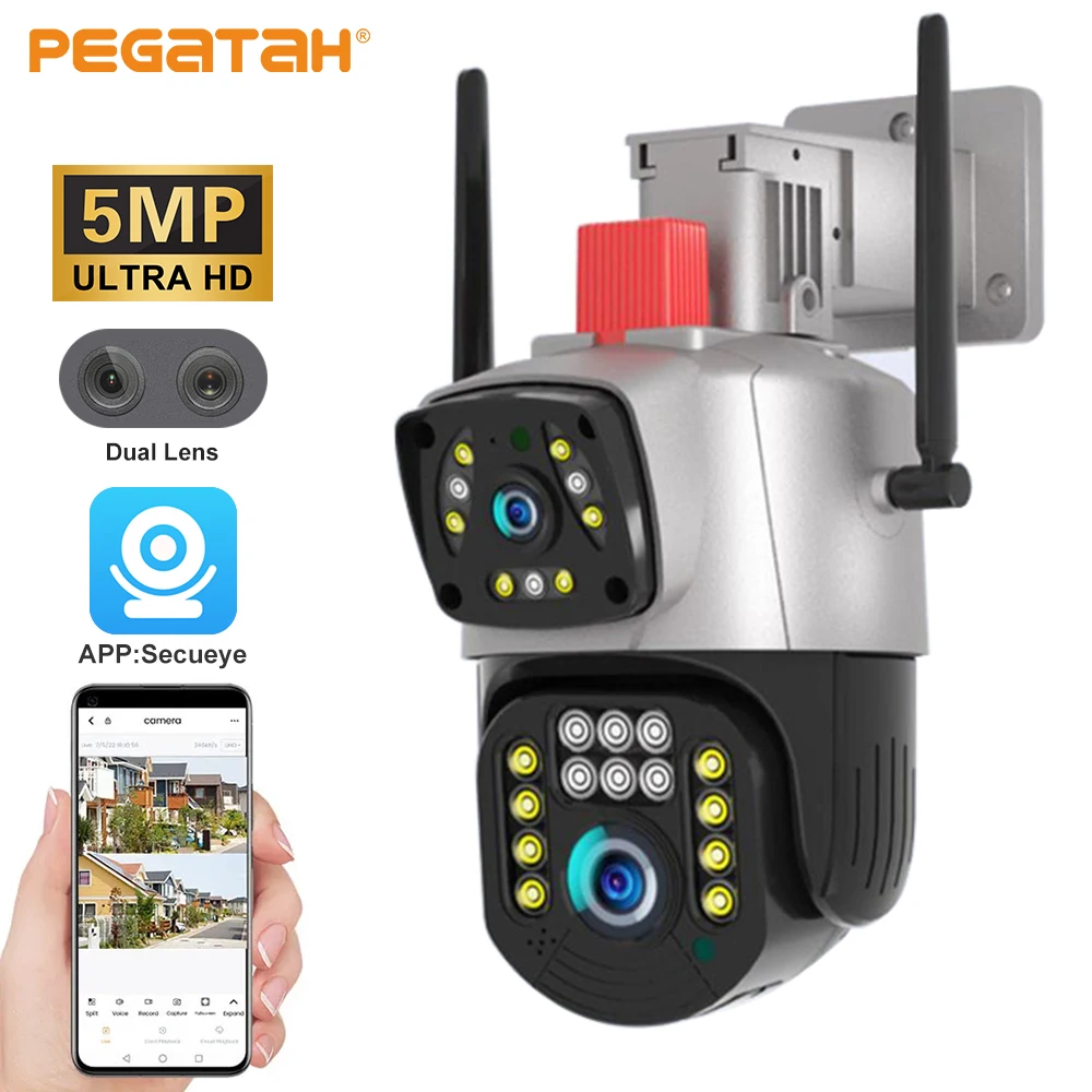 

IP-камера PEGATAH 5 МП, Wi-Fi, два объектива, два экрана