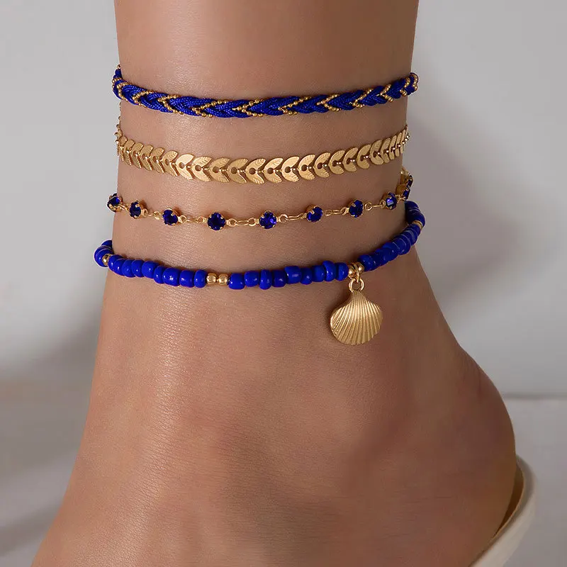 

Casual 4 PCS Shell Color Hand-Woven Beaded Anklets Women's Beach Leaf Tassel Pendant Foot Chain Girls' Beach Fashion Jewelry