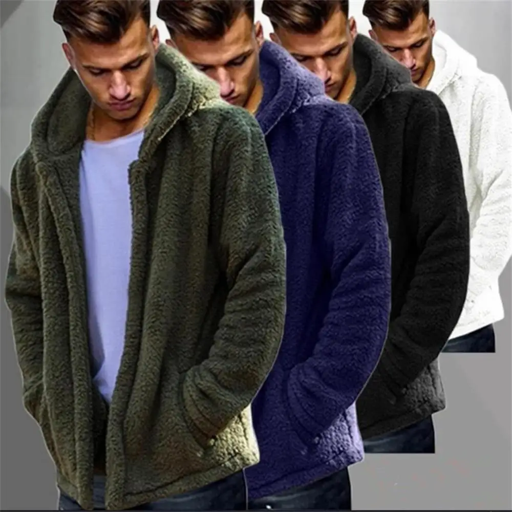 

Men's autumn and winter casual solid color hooded jacket plush coat for warmth