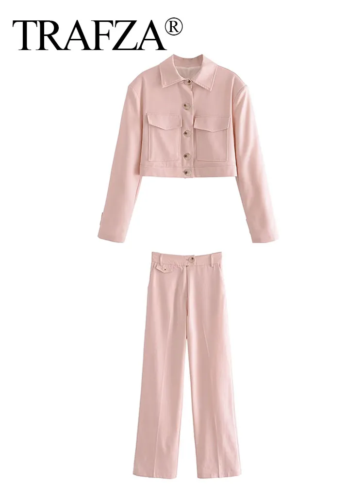 

Женский офисный костюм TRAFZA, комплект из двух предметов, короткий Блейзер и прямые брюки из хлопка и льна, розовый костюм
