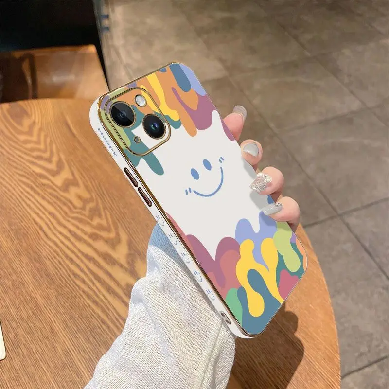 Watercolor Smiley Face Luxury Plating Phone Case For iPhone 14 13 12 11 Plus Pro Max Mini X XR XS SE2020 8 7 6 6S Plus Cover