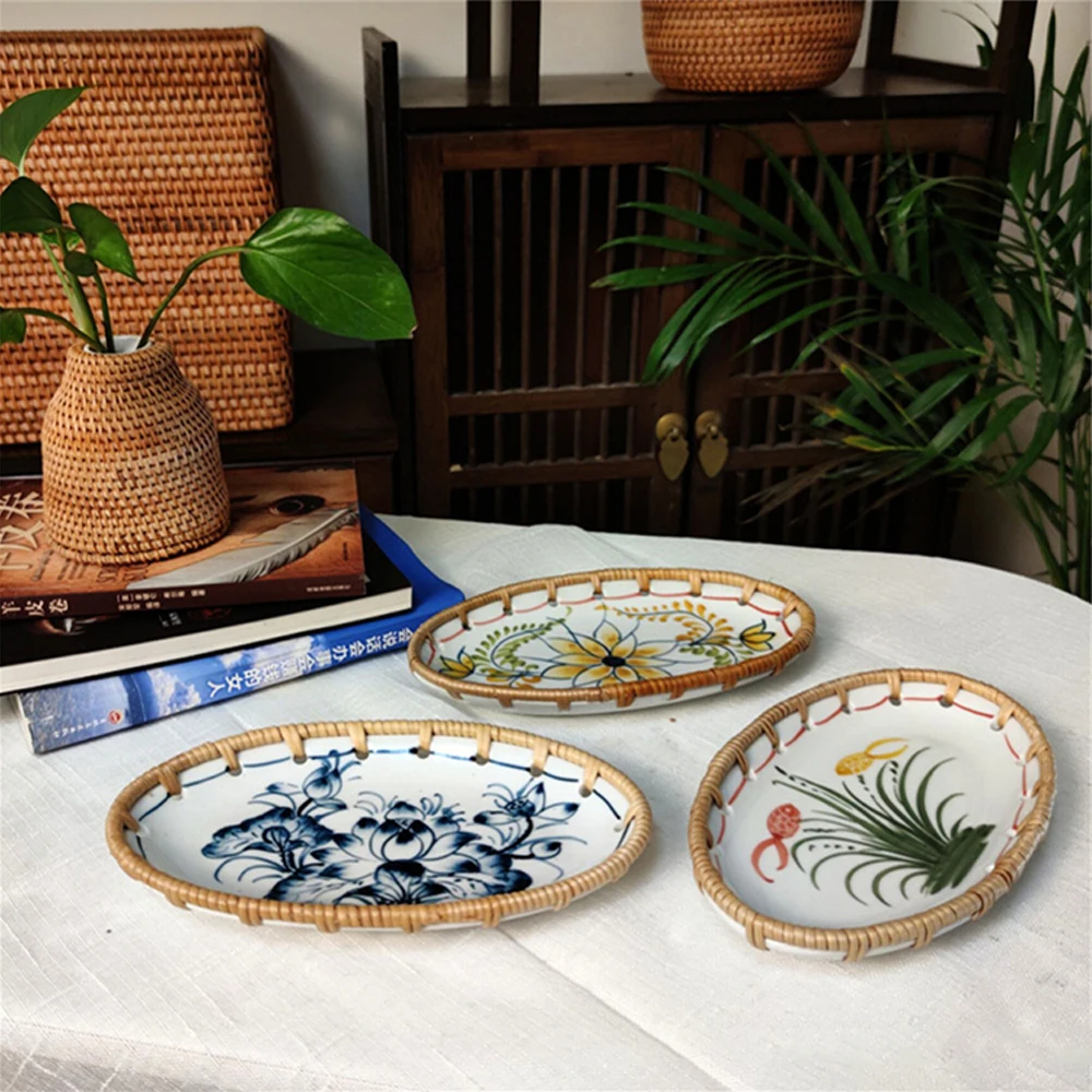 

Ceramic Dried Fruit Snack Plate Handmade Woven Hand-woven Fruit Cake Platter Light Luxury Snack Storage Basket Home Decorations