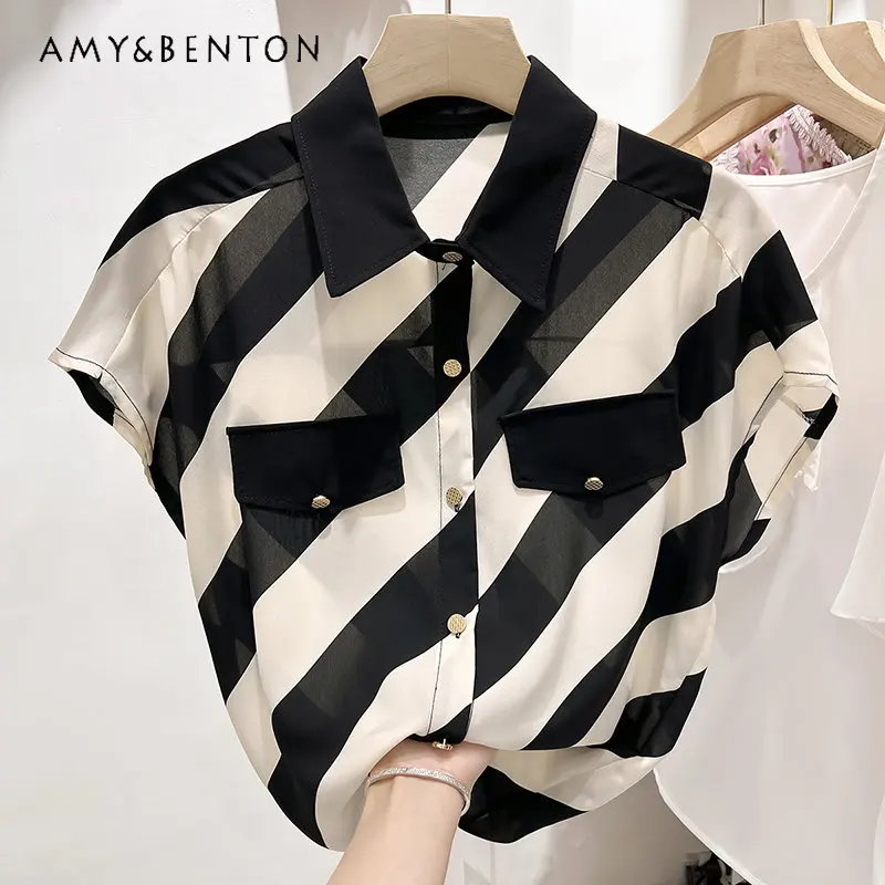 

New Korean Style Elegant Lapel Diagonal Stripe Color Matching Single-Breasted Short Sleeve Chiffon Shirt Women's Summer Thin Top