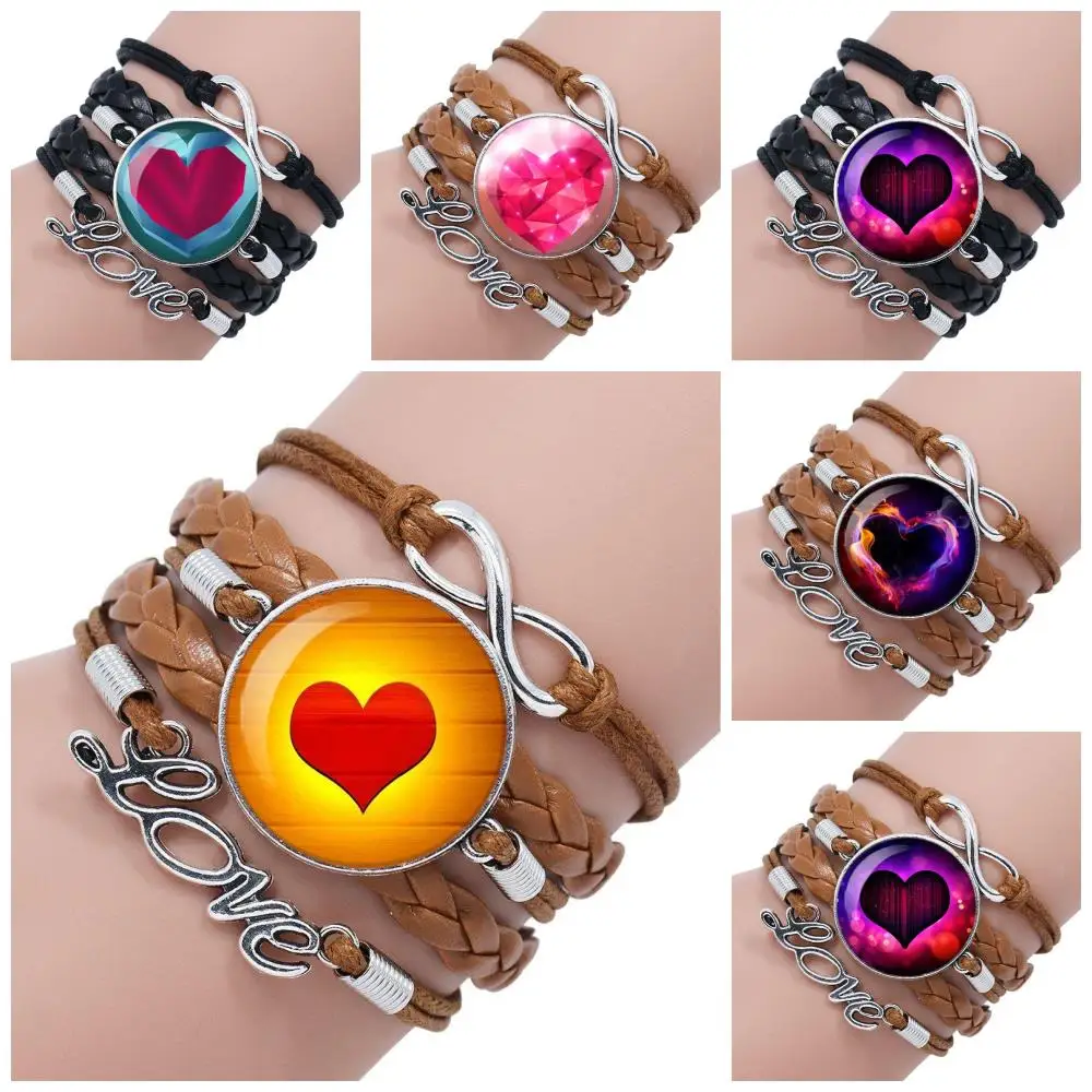 Heart Retro Style Vintage Jewelry Plated Glass Cabochon Multilayer Black/Brown Leather Bracelet Bangle For Men Women Junior