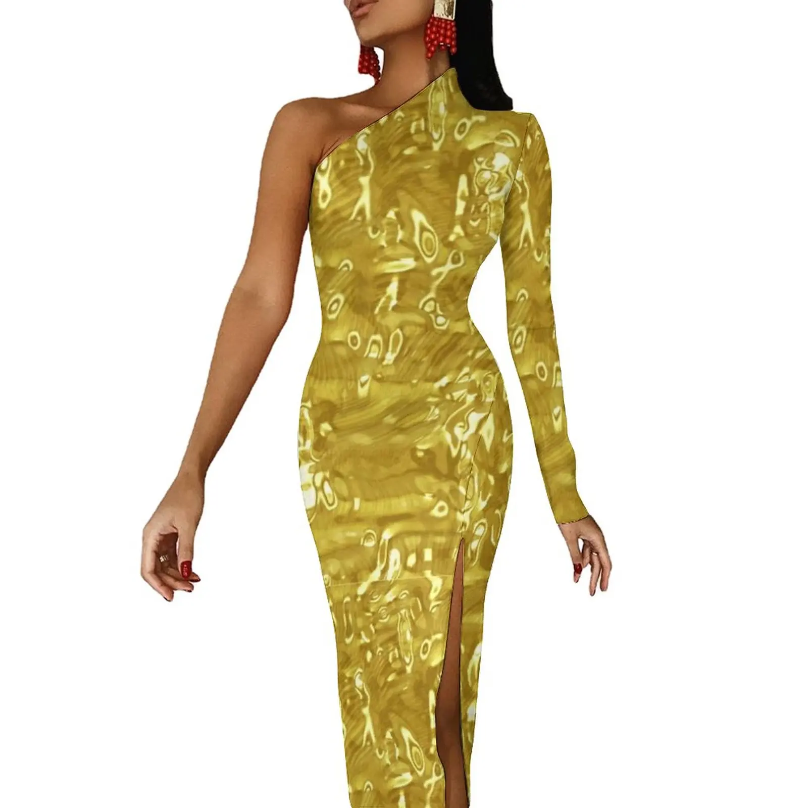 

Платье-макси с длинным рукавом, золотистая металлическая текстура, абстрактное блестящее художественное элегантное облегающее платье, Вес...