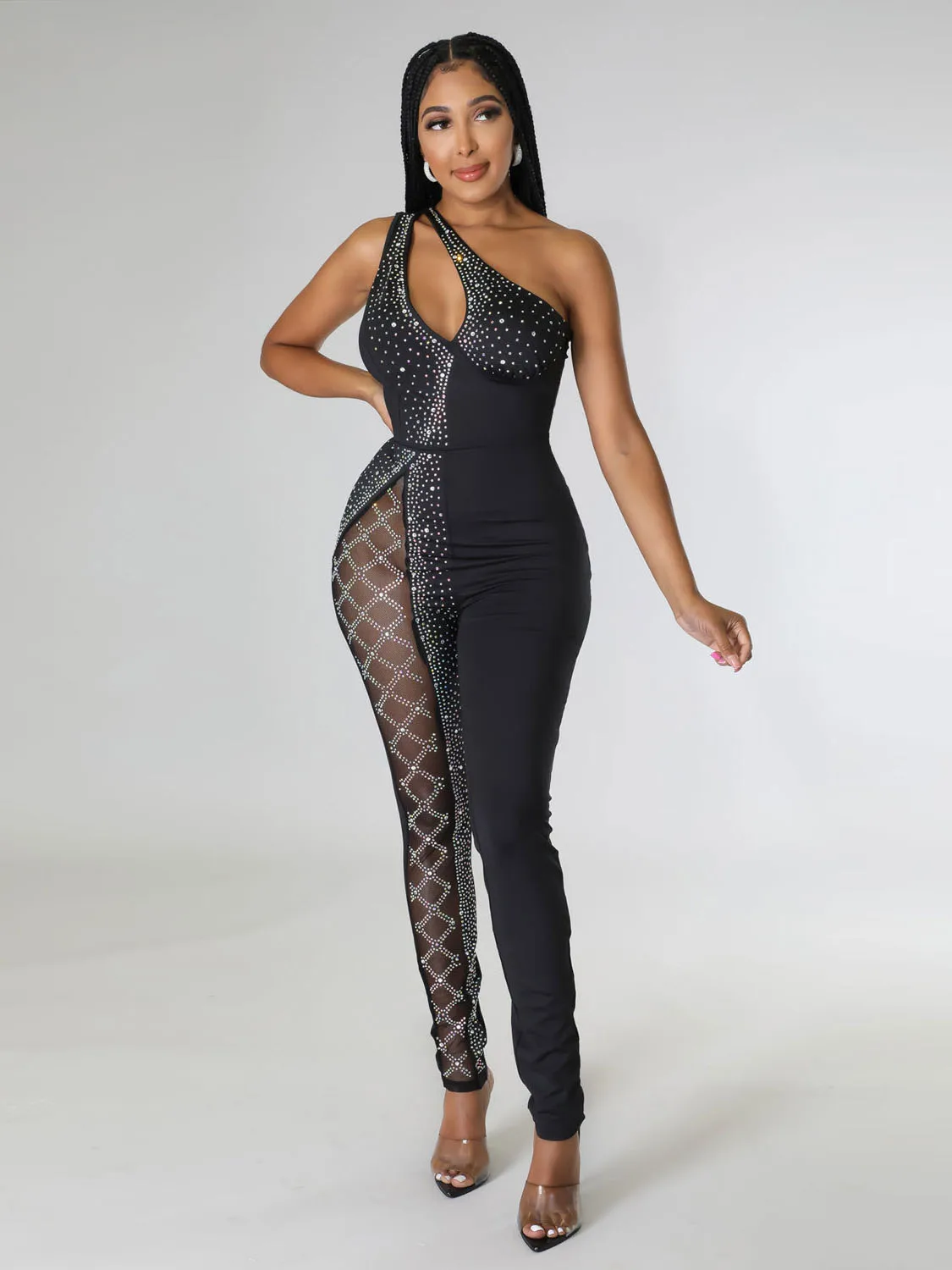 

Szkzk Summer hot drill Rompers Splicing mesh Diagonal collar asymmetrical sleeveless high waist Sexy bodycon Club Party jumpsuit