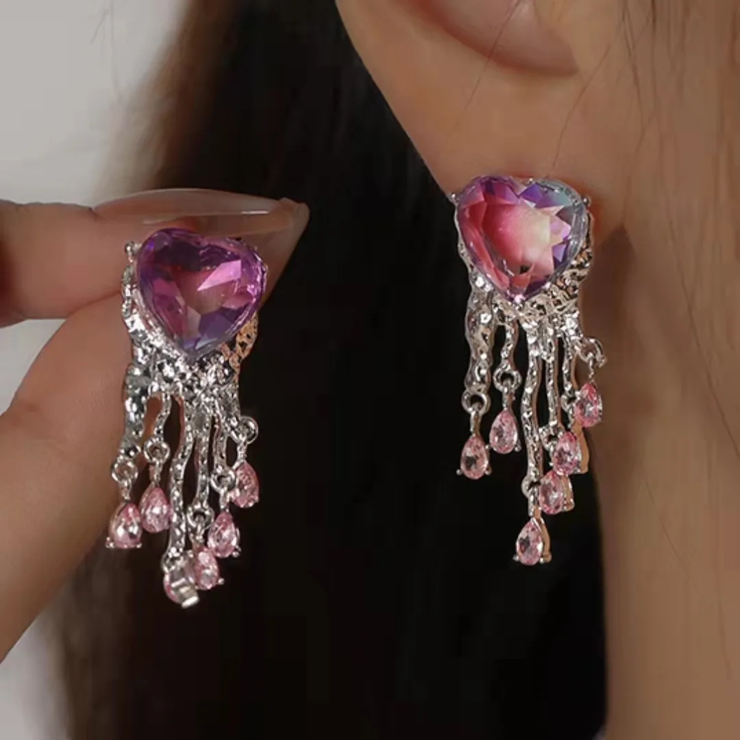 

Fashion Trendy Luxury Colors Gradual Purple Zircon Earrings for Women Peach Heart Love Lava Tassels Ear Studs Gilrs Jewelry Gift