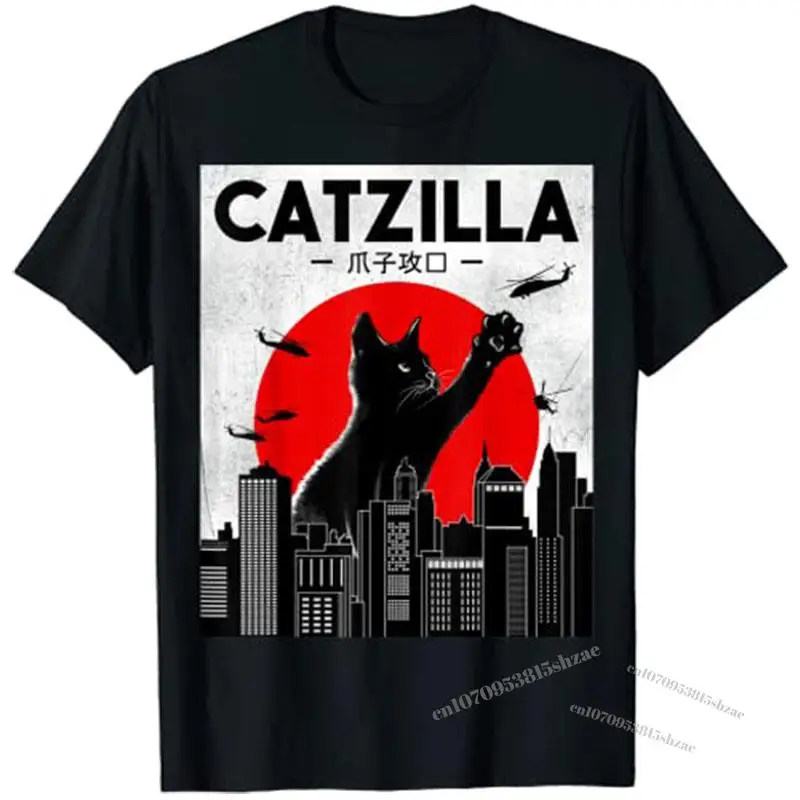 

Забавная рубашка с кошкой Catzilla, забавная футболка с кошкой для влюбленных, крутая футболка с японским мультяшным рисунком, аниме одежда