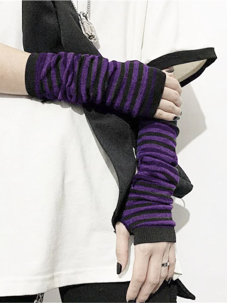 

Women Y2k Gloves Japanese Kawaii Lolita Arm Sleeve Girl Arm Crochet Knitting Gothic Striped Fingerless Warmer Winter Glove